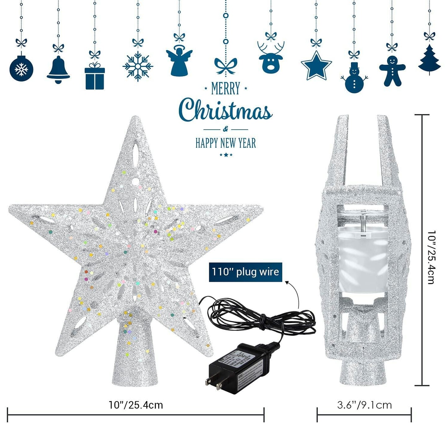 PliMook Christmas Tree Topper LED 3D Glitter Rotating Silver Star Light