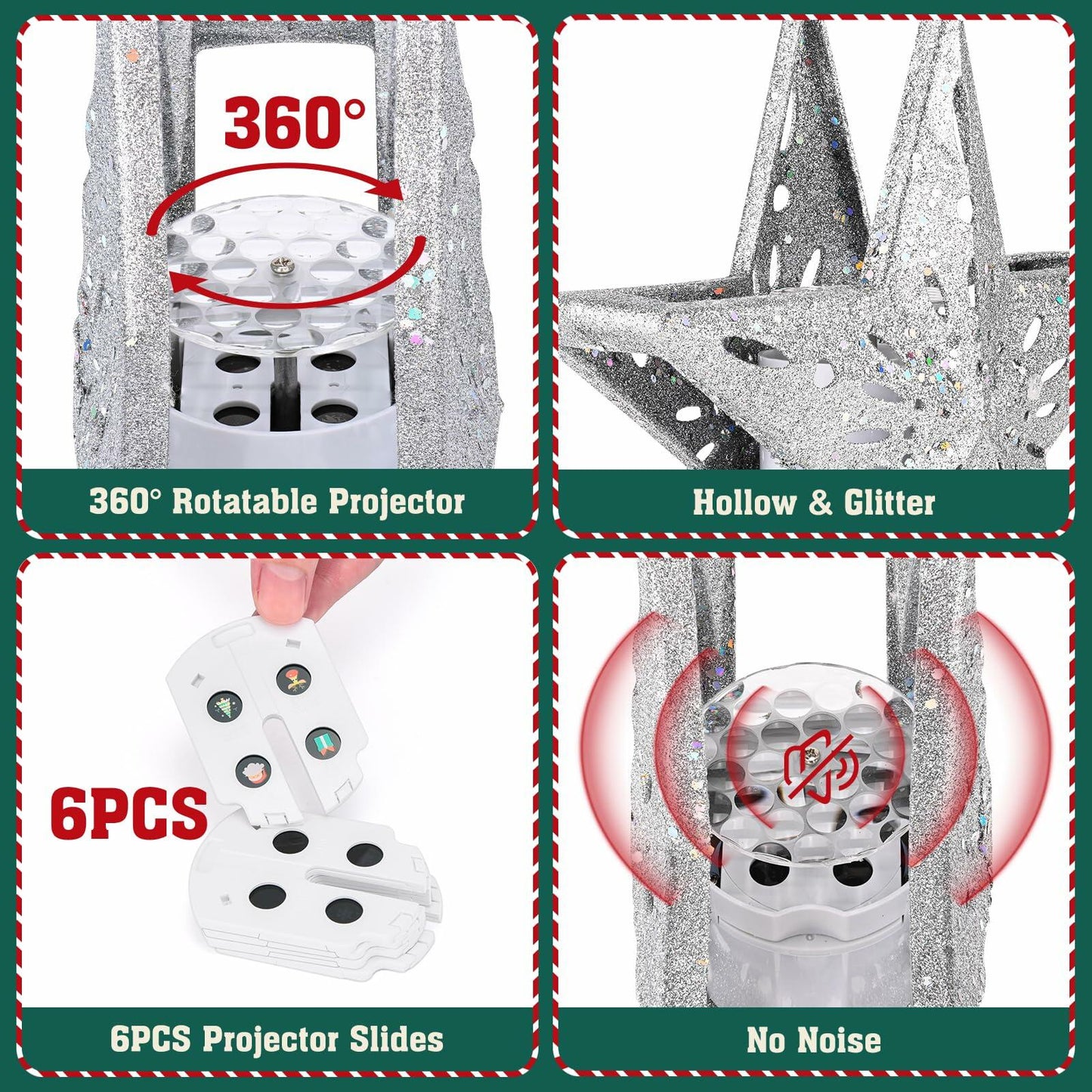 PliMook Christmas Tree Topper LED 3D Glitter Rotating Silver Star Light