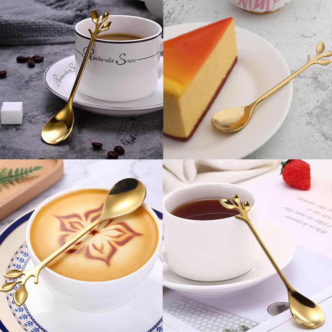 AnSaw 16-Pack Elegant Gold Leaf 4.7" Espresso Spoons Stainless Steel Mini