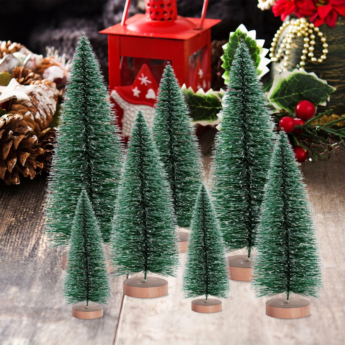 12 Pcs Mini Christmas Trees with Wooden Bases, 3 Sizes, Green Snow Decor