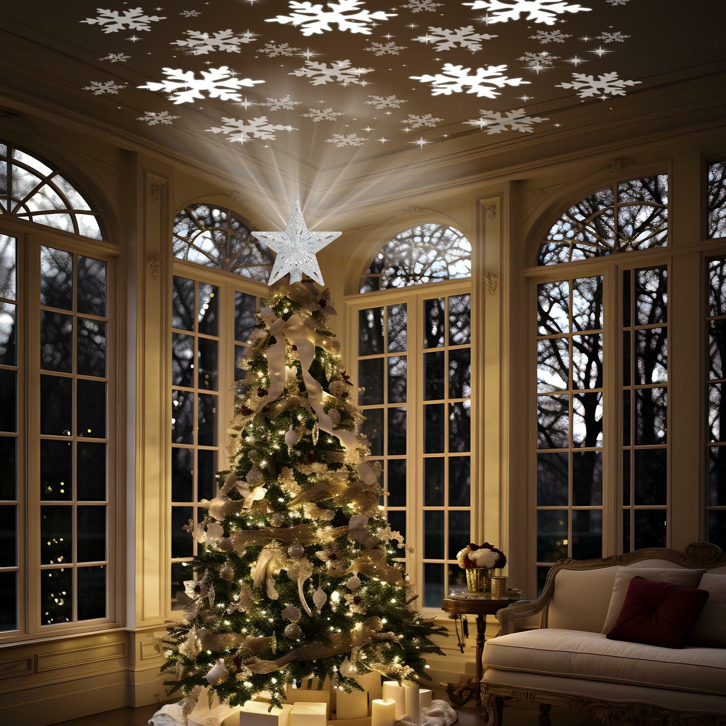 PliMook Christmas Tree Topper LED 3D Glitter Rotating Silver Star Light