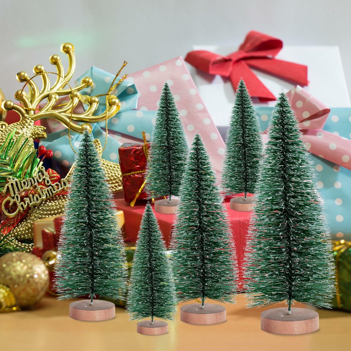 12 Pcs Mini Christmas Trees with Wooden Bases, 3 Sizes, Green Snow Decor