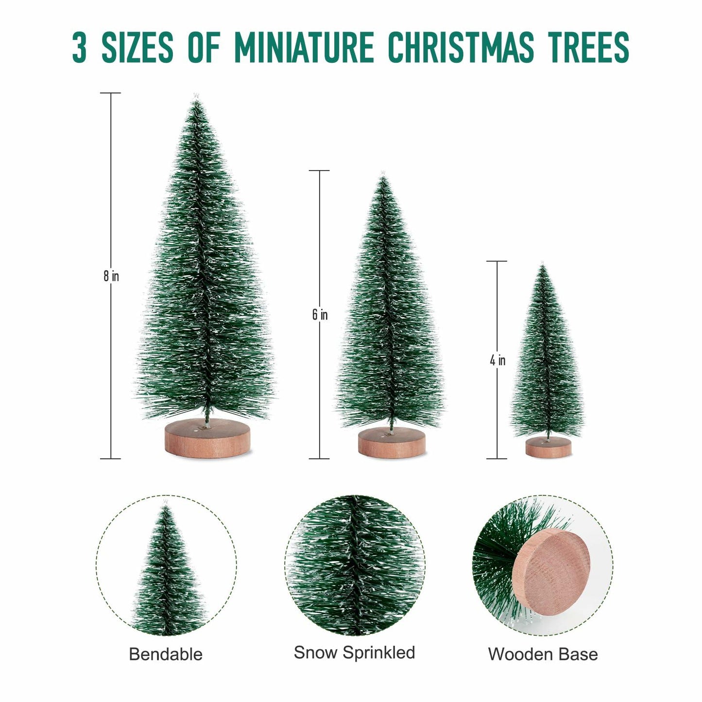 12 Pcs Mini Christmas Trees with Wooden Bases, 3 Sizes, Green Snow Decor