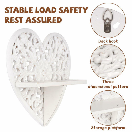 Multipurpose Floating Wall Shelf with Key Hooks Heart-Shaped 12" Vintage White
