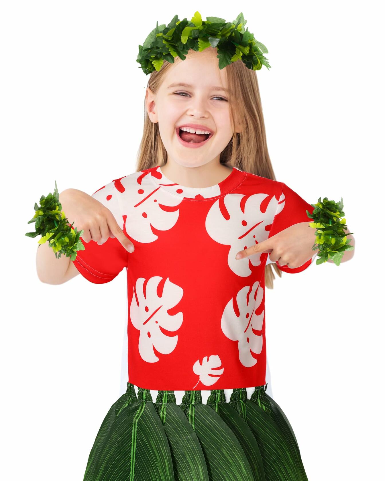 Toulite Halloween Girl Hawaiian Luau Costume Red Leaf T-Shirt Headband Anklet