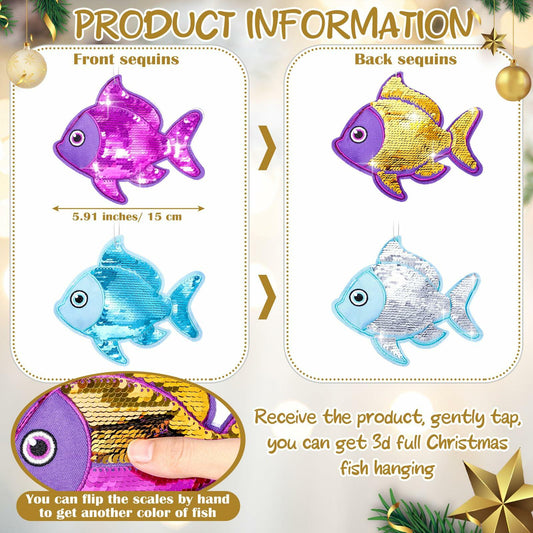 Suzile Christmas Fishing Ornaments 4 Pc Large Glitter Fish Coastal Blue