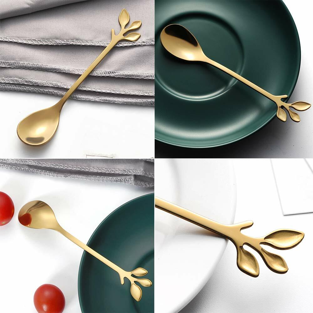 AnSaw 16-Pack Elegant Gold Leaf 4.7" Espresso Spoons Stainless Steel Mini