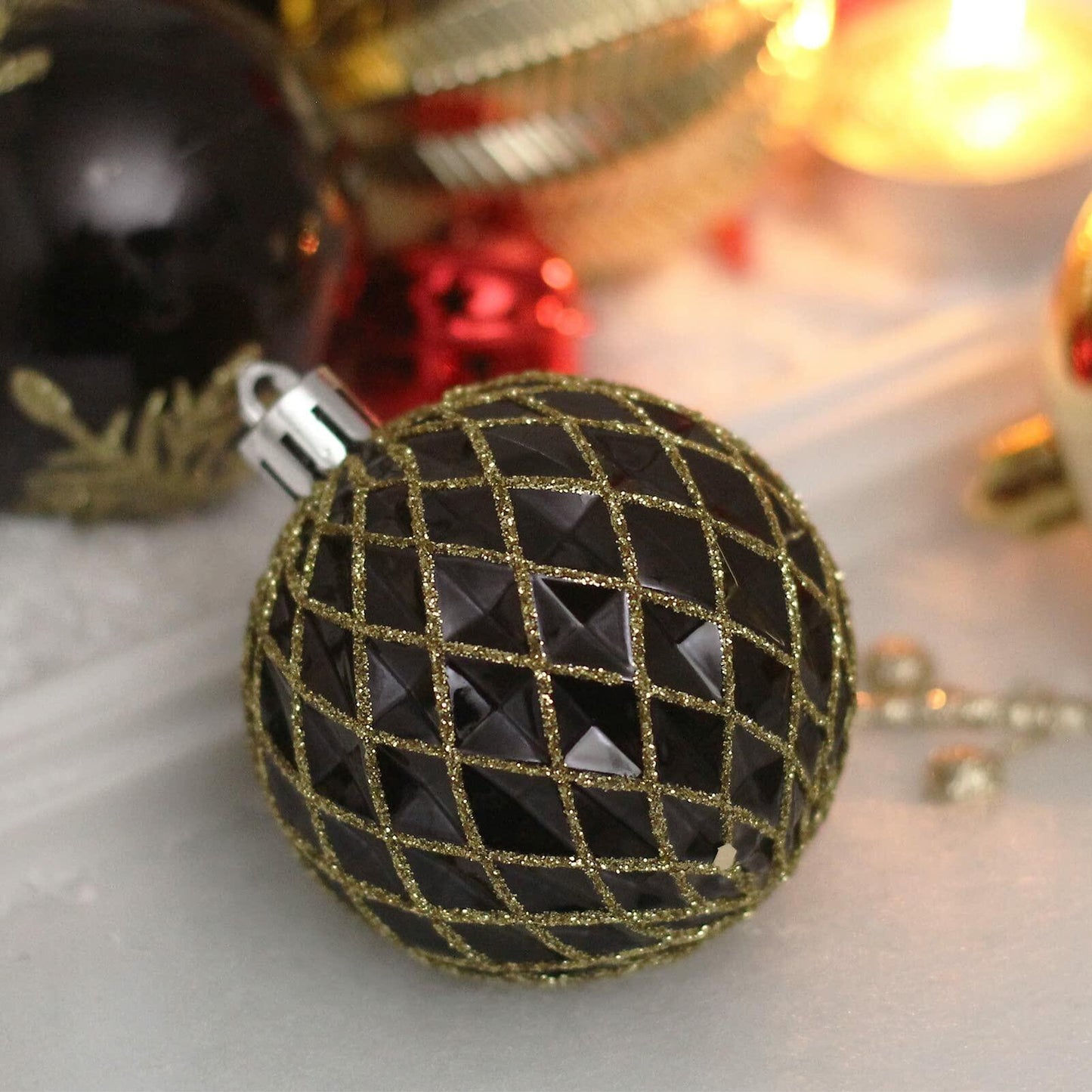RoseCraft 60mm Hand-Printed Christmas Ball Ornaments Set 24PCS Black/Gold