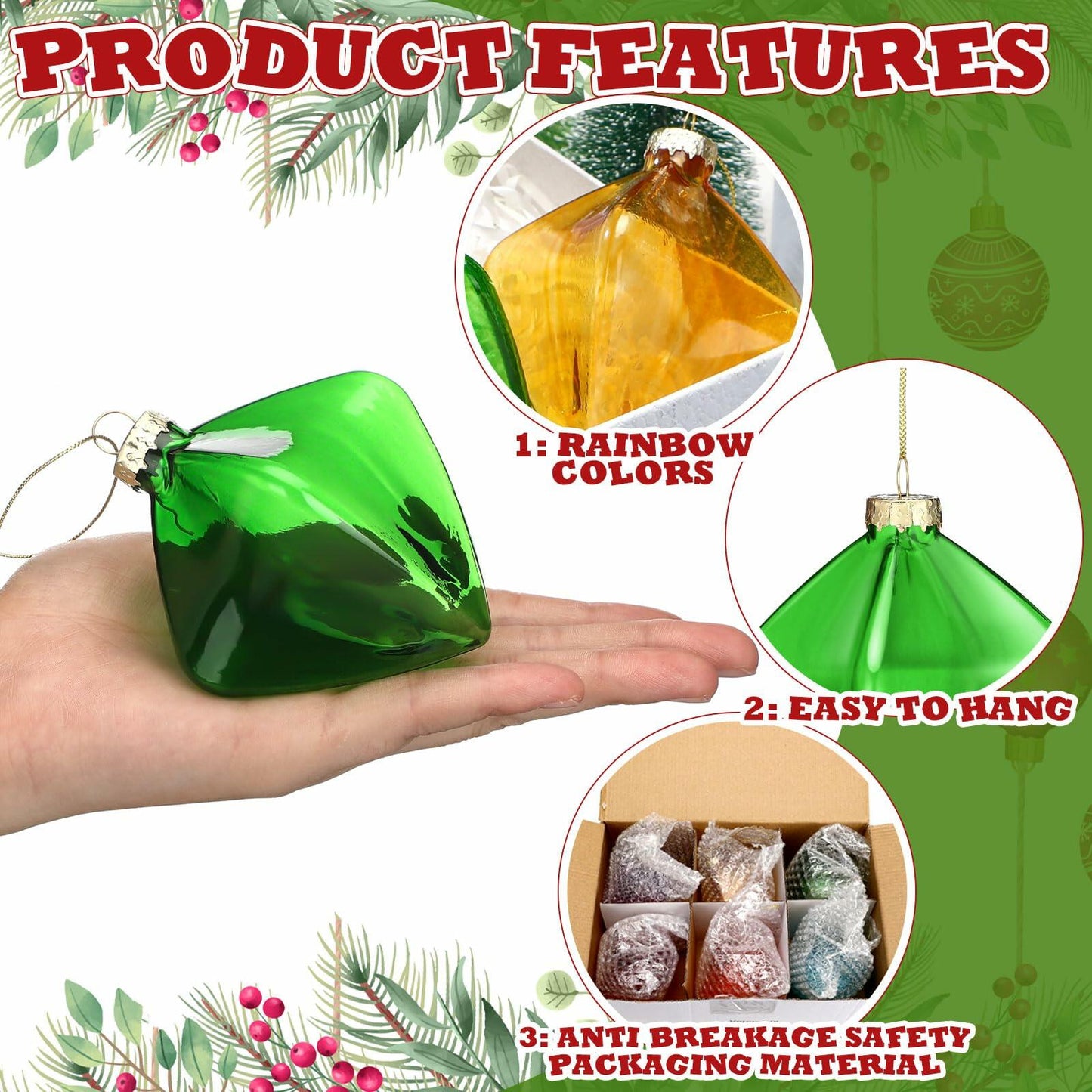 Vercraft Rainbow Glass Christmas Ball Ornaments 3.15in Multicolor 6pcs