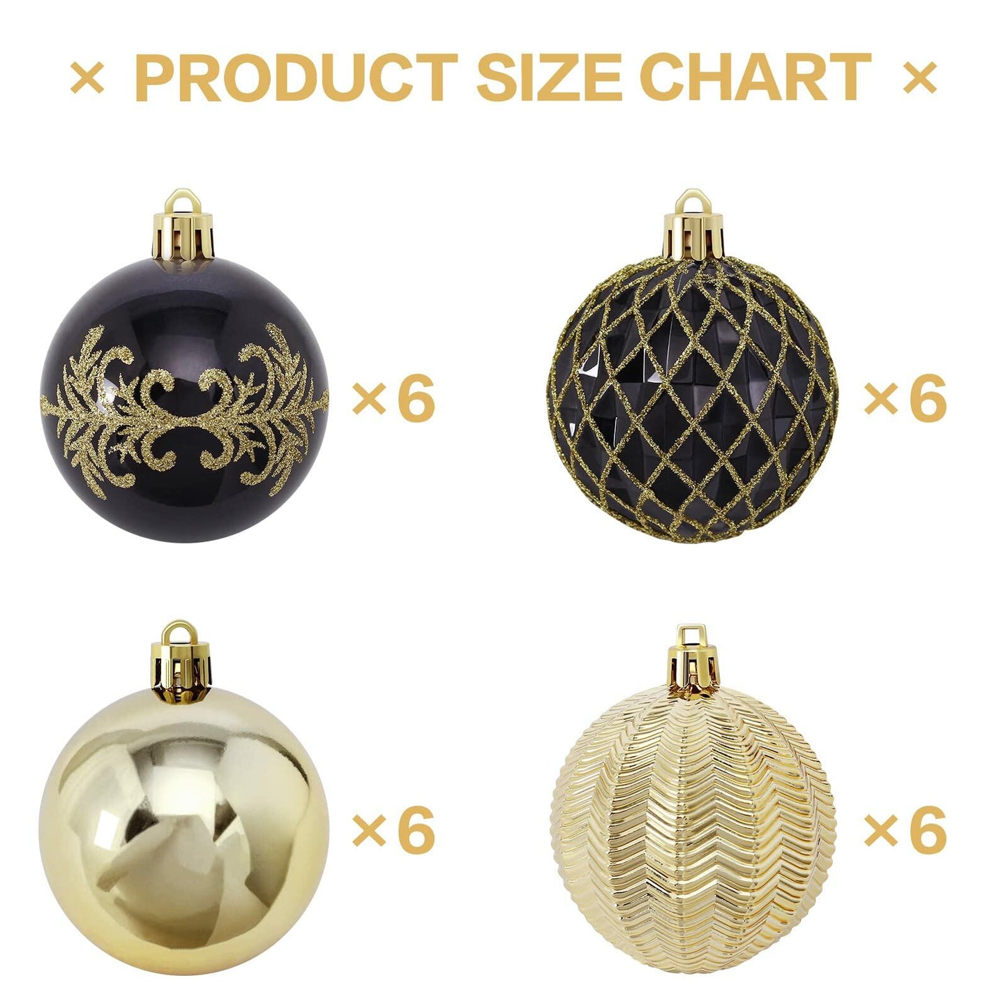 RoseCraft 60mm Hand-Printed Christmas Ball Ornaments Set 24PCS Black/Gold