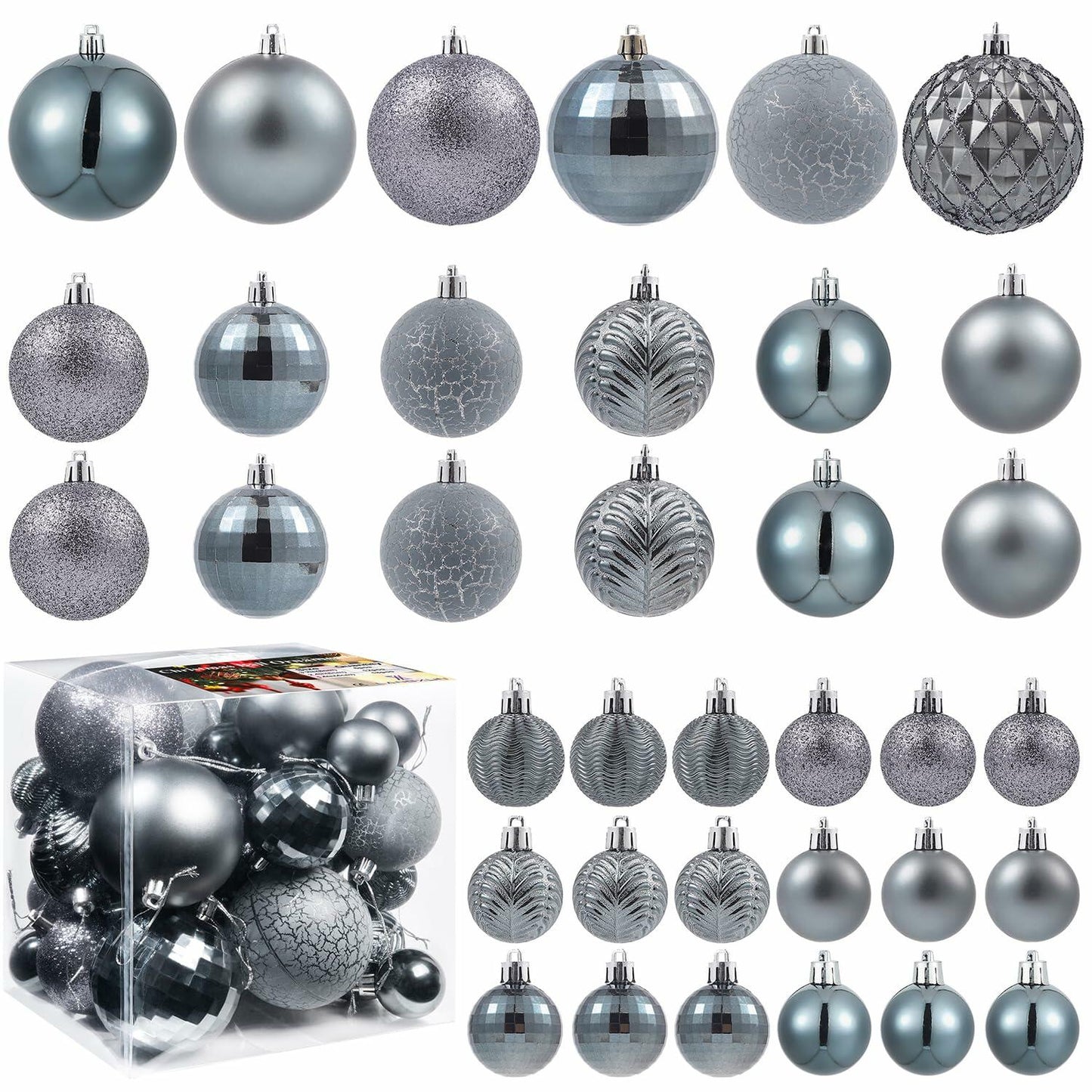 LANGXUN 36pcs Grey Christmas Tree Decorations Balls Shatterproof Ornaments