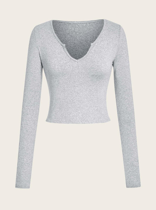 LovelyWholesale Womens Long Sleeve V Neck Crop Top Grey Size Large