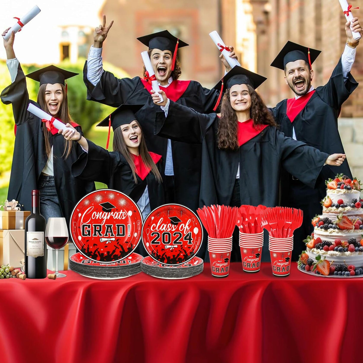 LELEMON Graduation Party Supplies Red Tableware Set Serves 25 Disposable