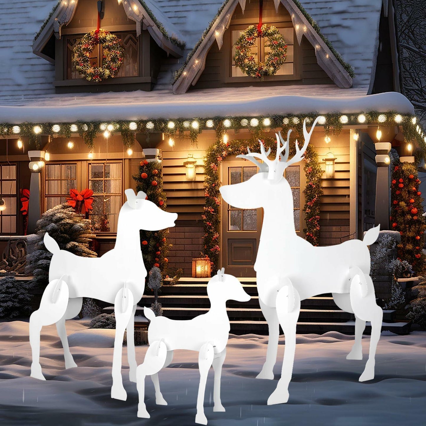 3 Pc Christmas Outdoor Reindeer Yard Sign White PVC 56x42x31in Set