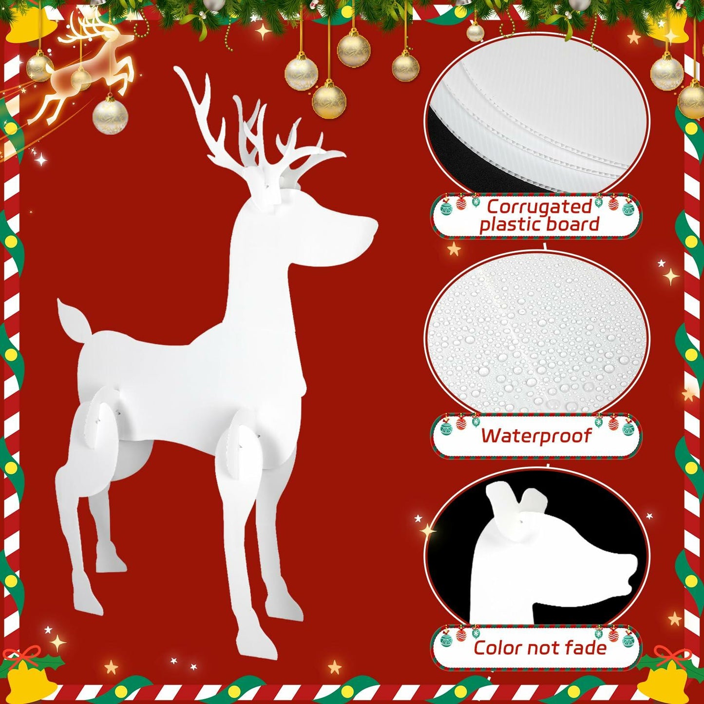 3 Pc Christmas Outdoor Reindeer Yard Sign White PVC 56x42x31in Set