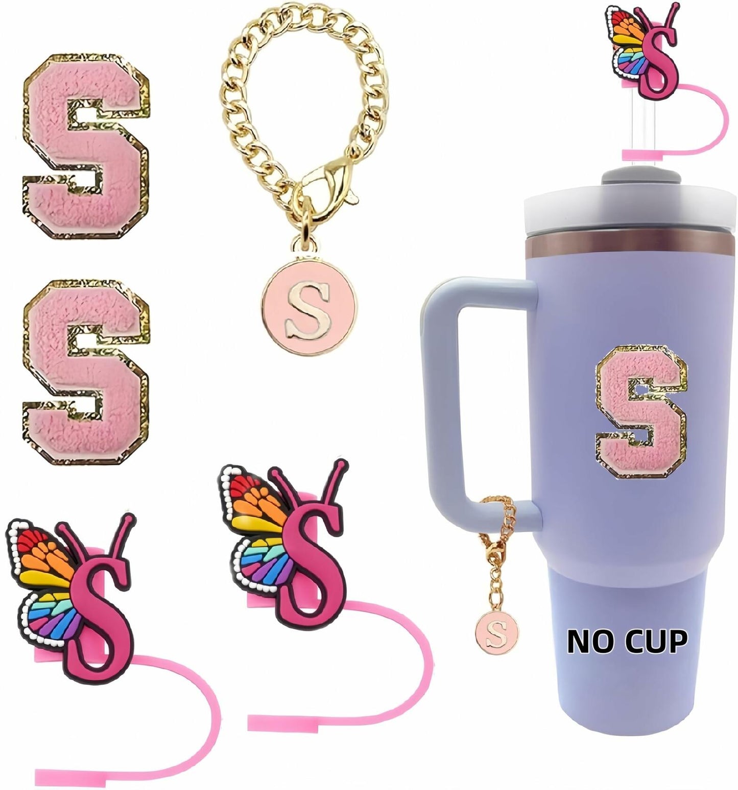 IN CHENTHY Silicone Straw Covers 2pcs Topper + Charm Chain + Stickers S