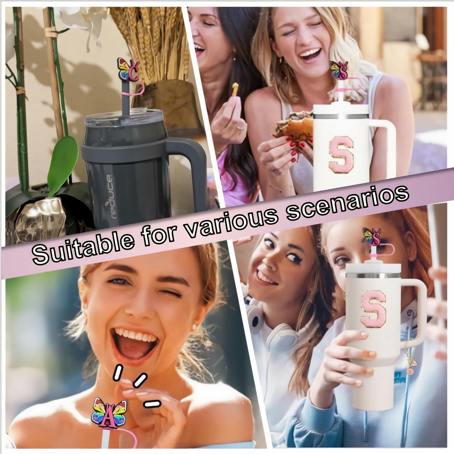 IN CHENTHY Straw Topper 2pcs Letter N Covers + Charm Chain + Alphabet Stickers