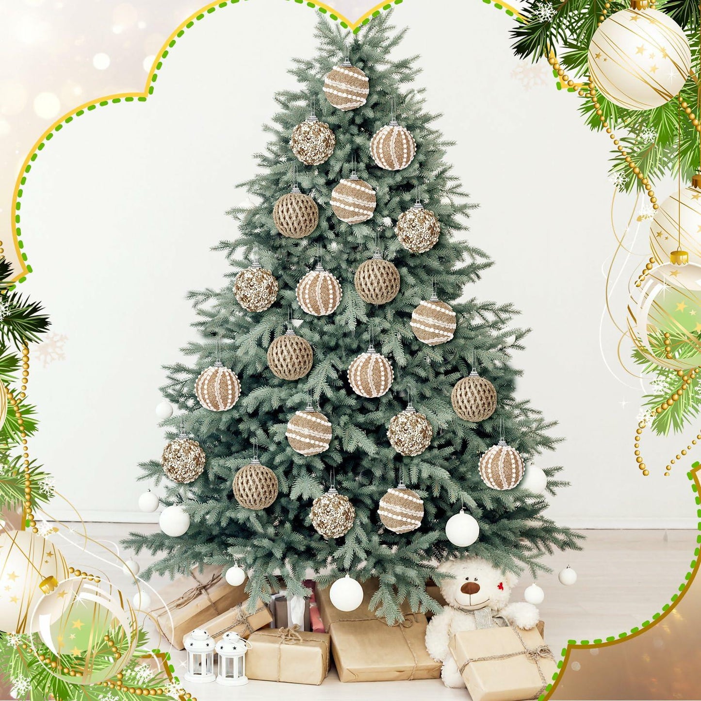 Civaner 16 Pcs Christmas Ball Ornaments Pearl Champagne Sequin Shatterproof