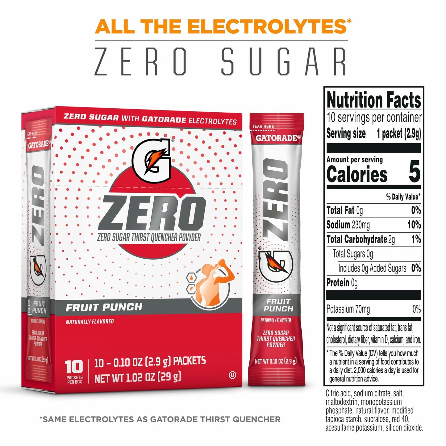 BestBy 9/25Gatorade G Zero Electrolyte Drink Mix Fruit Punch 120 Packets