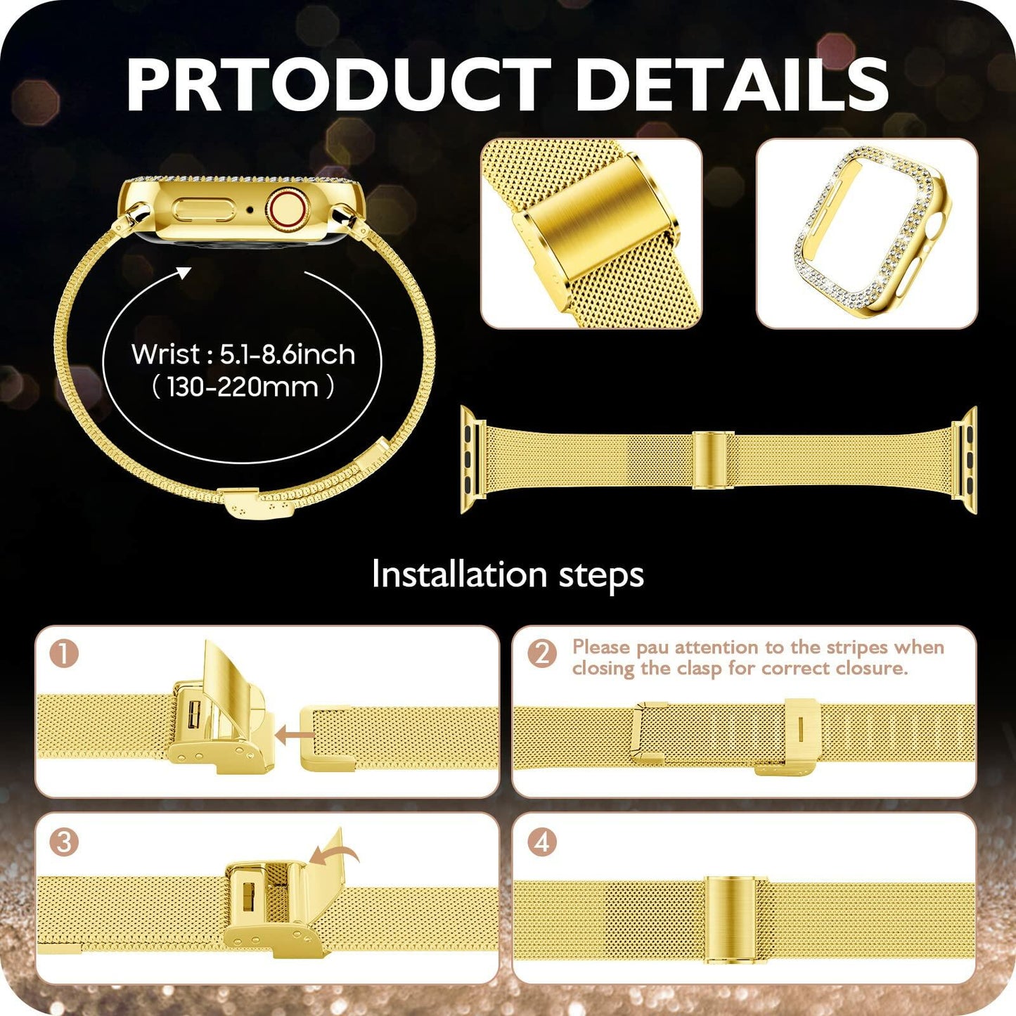 DABAOZA Apple Watch Band Crystal Rhinestone Case Mesh Strap 38mm Starlight