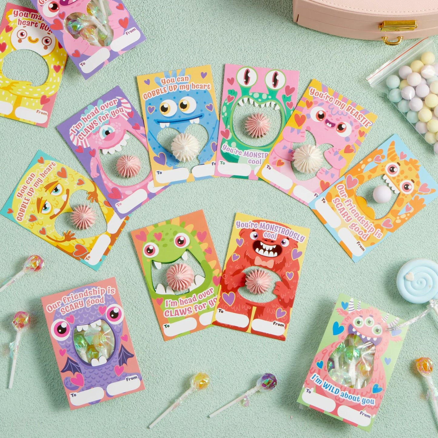 JOYIN 72 Pcs Valentines Monster Gift Cards with Bags Candy Holder Cards