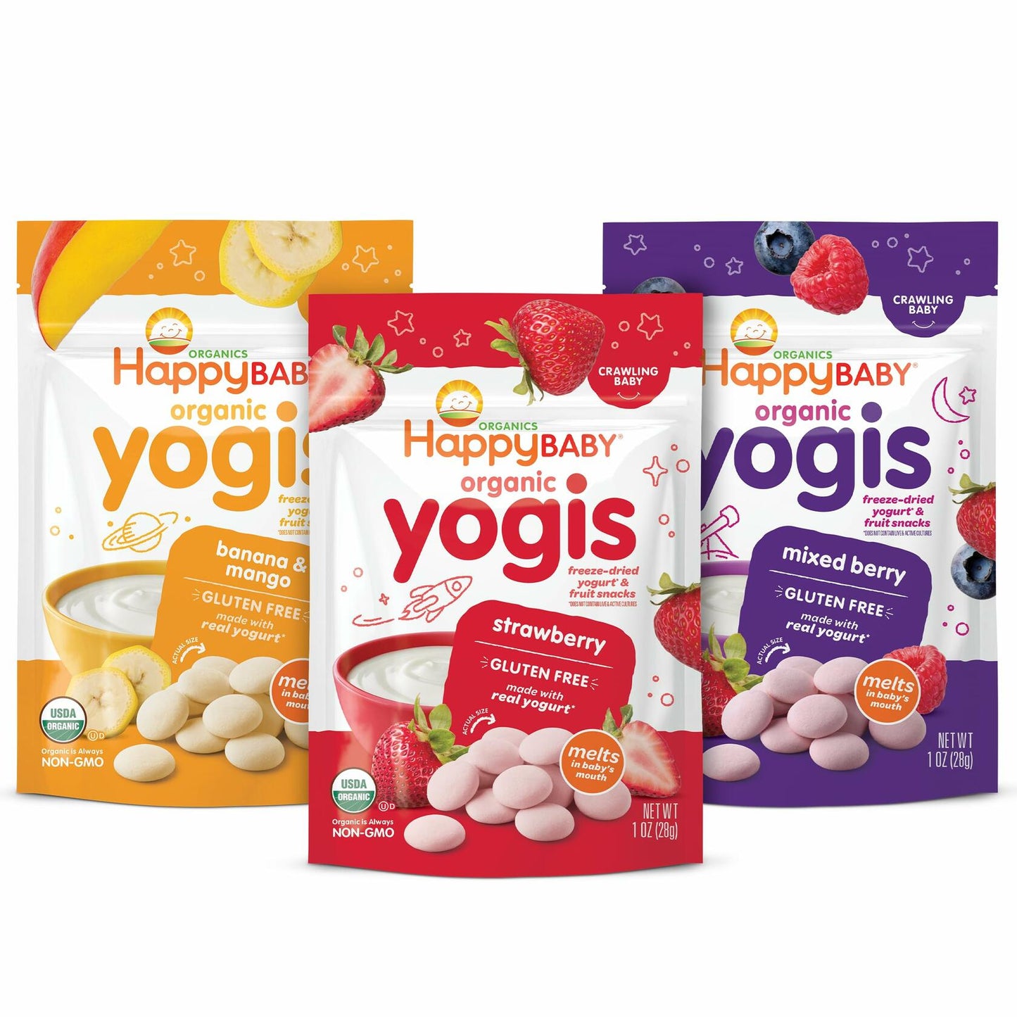 Happy Baby Organics Yogis Freeze-Dried Yogurt Fruit Snacks 3 Flavor 3oz Pack