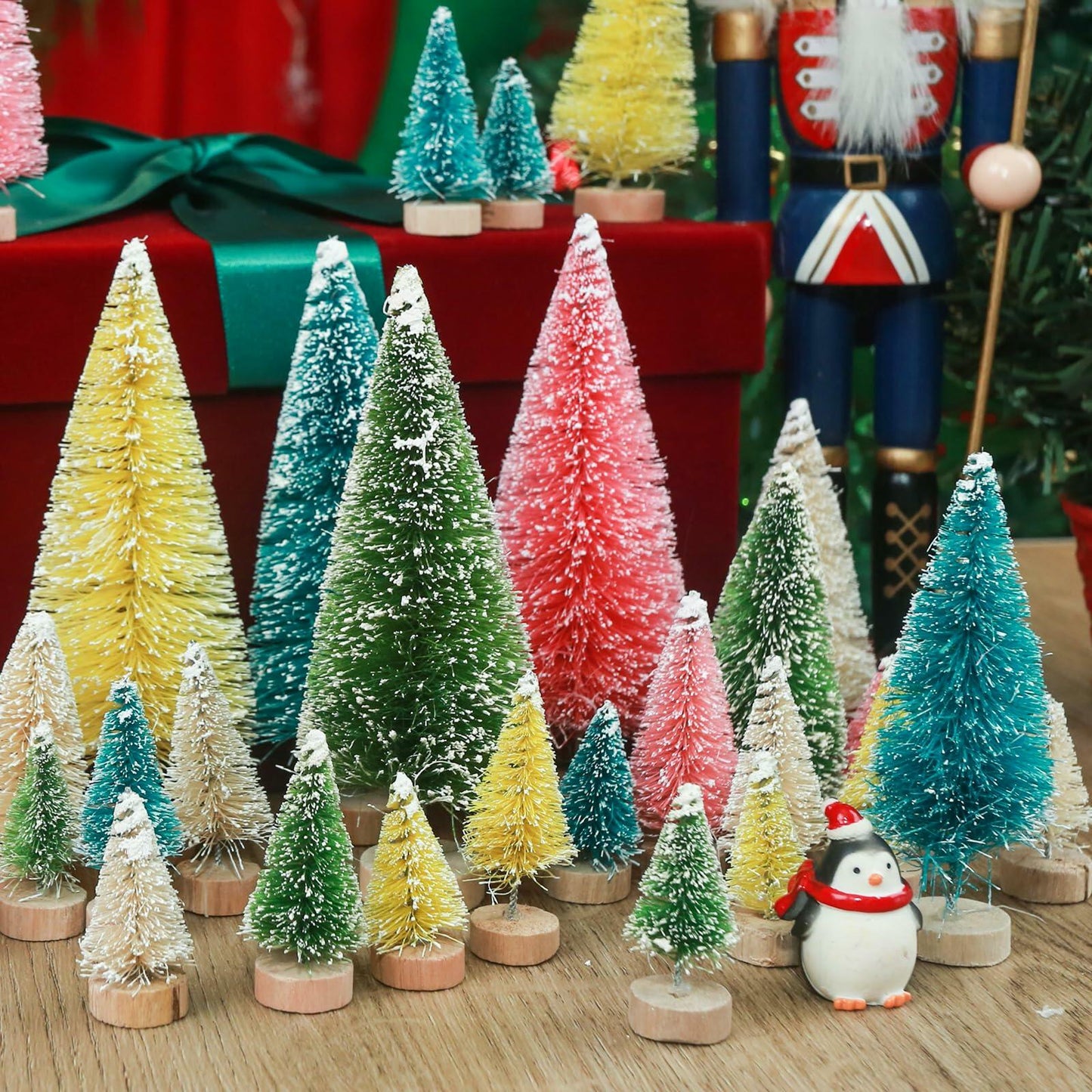 DomeStar 45PCS Mini Christmas Sisal Trees Colorful Frosted with Wood Base