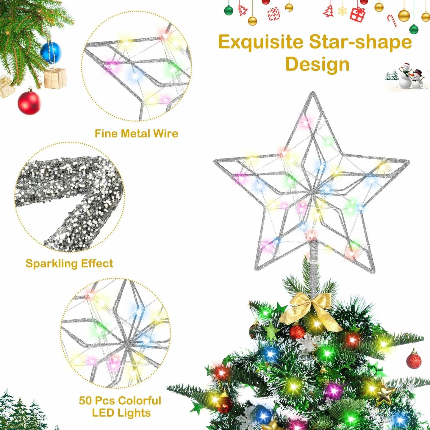 Christmas Tree Topper 50 LED Lighted Silver Star Remote Control 8 Modes