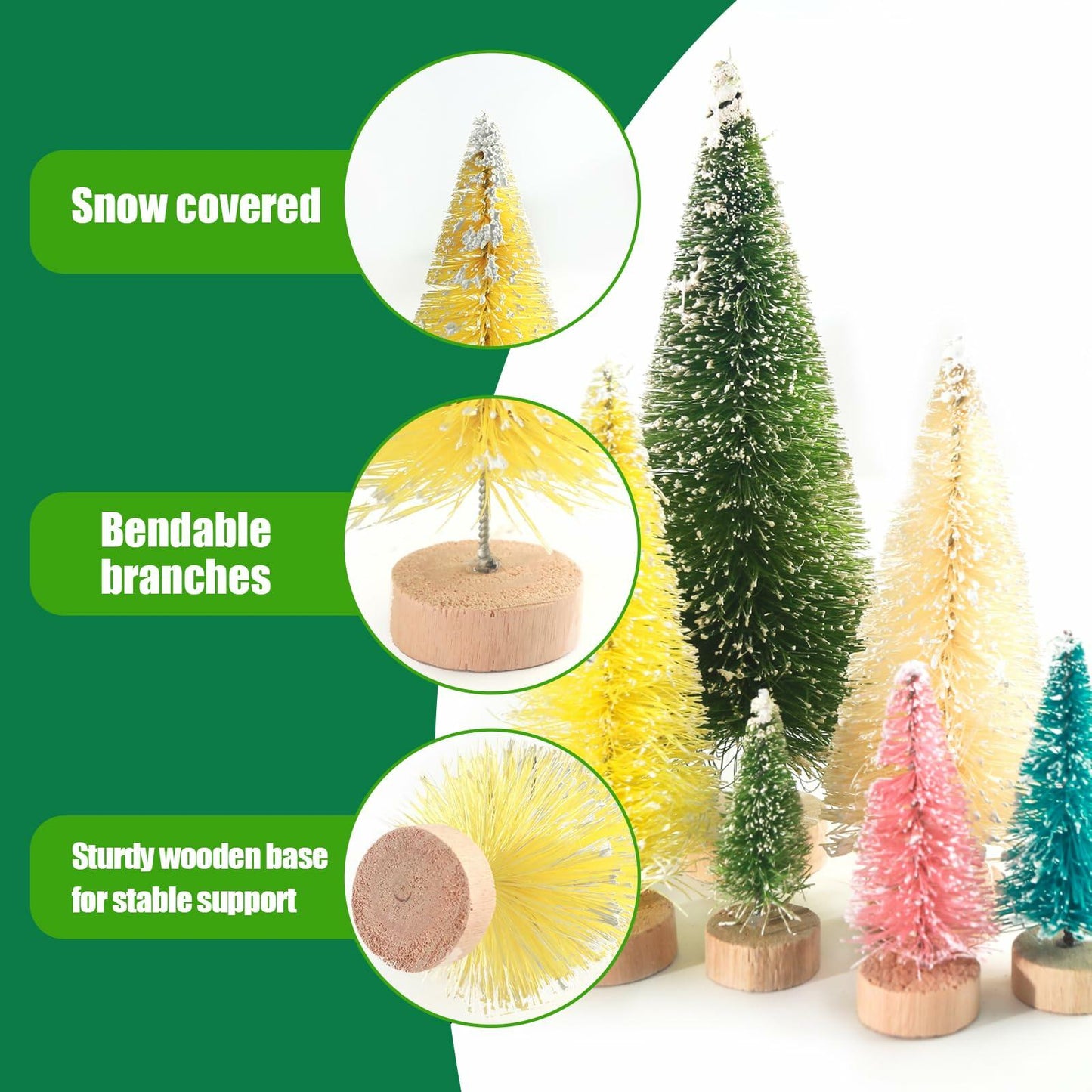 DomeStar 45PCS Mini Christmas Sisal Trees Colorful Frosted with Wood Base