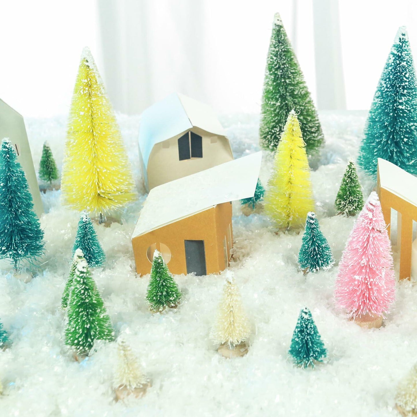 DomeStar 45PCS Mini Christmas Sisal Trees Colorful Frosted with Wood Base