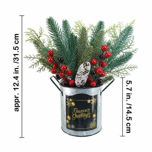 Winlyn Christmas Floral Arrangement Pinecone Red Berry Galvanized Pot 12.4"