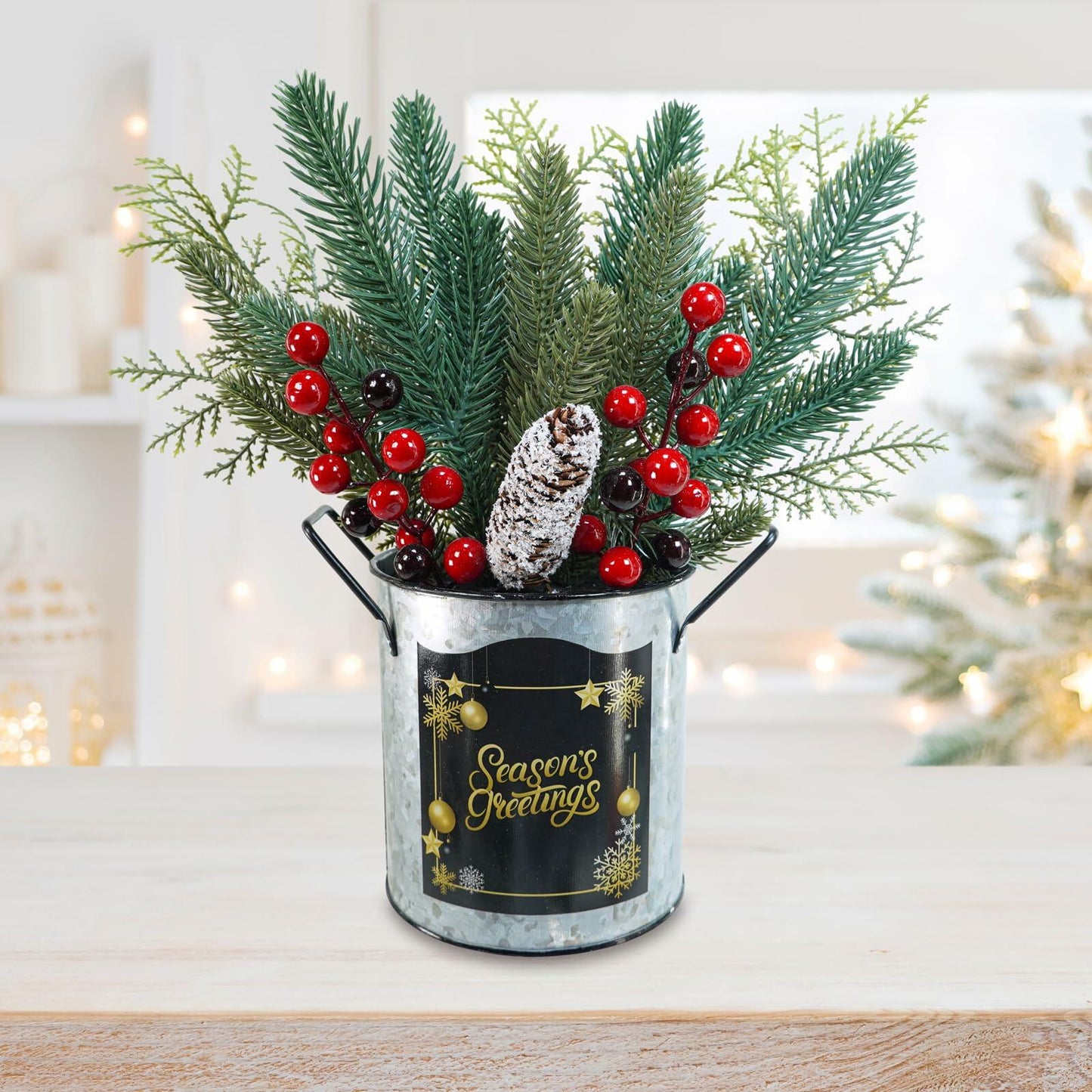 Winlyn Christmas Floral Arrangement Pinecone Red Berry Galvanized Pot 12.4"