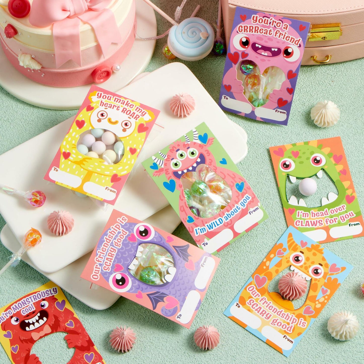 JOYIN 72 Pcs Valentines Monster Gift Cards with Bags Candy Holder Cards