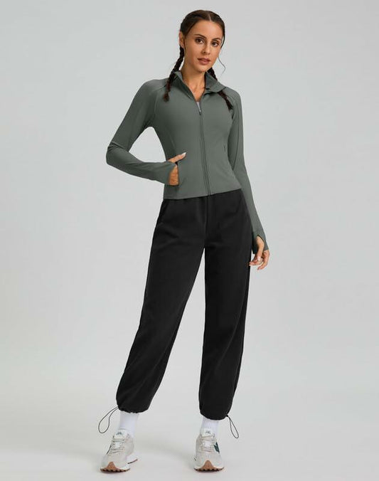 Womens Cropped Workout Jacket Slim Fit Full Zip Thumb Holes Pockets Sage Grey XL