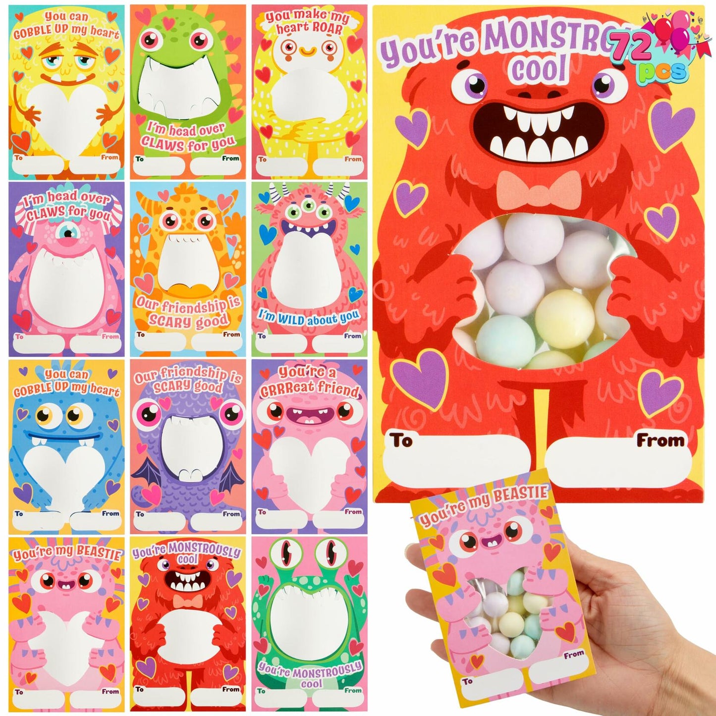 JOYIN 72 Pcs Valentines Monster Gift Cards with Bags Candy Holder Cards