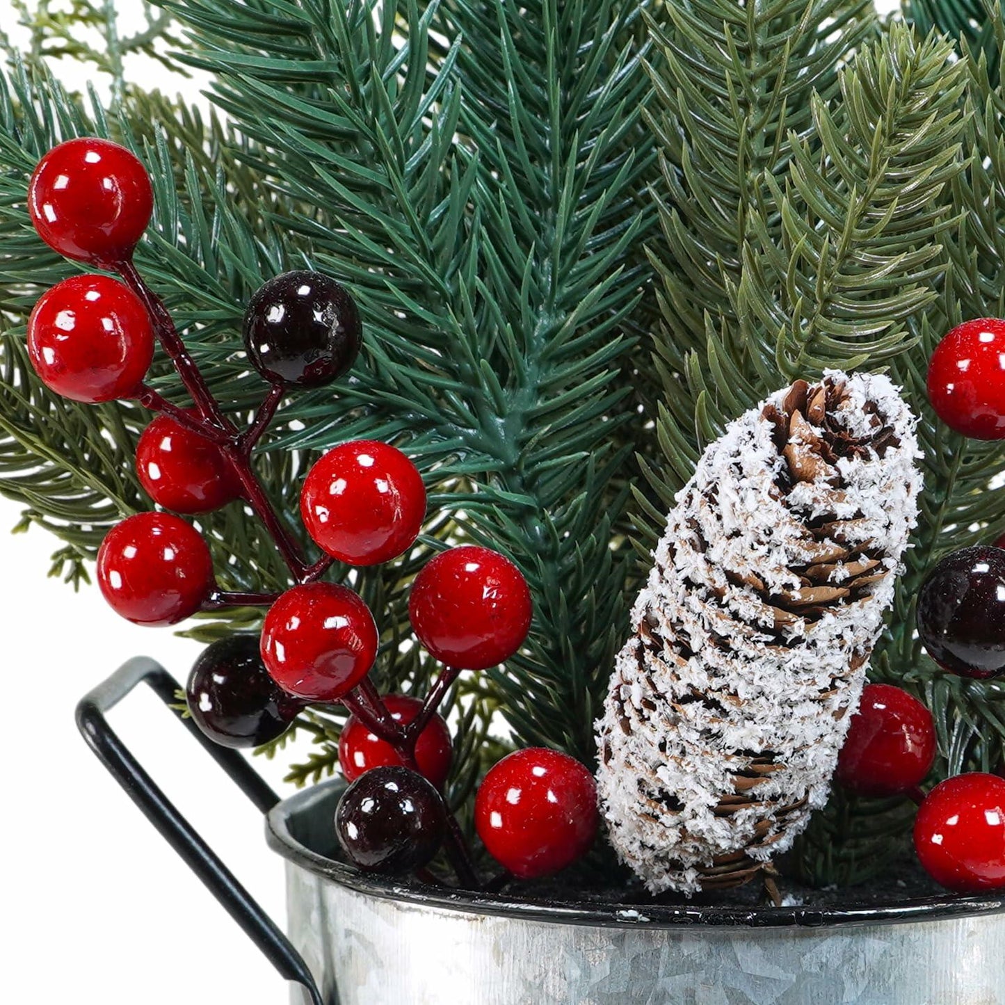 Winlyn Christmas Floral Arrangement Pinecone Red Berry Galvanized Pot 12.4"