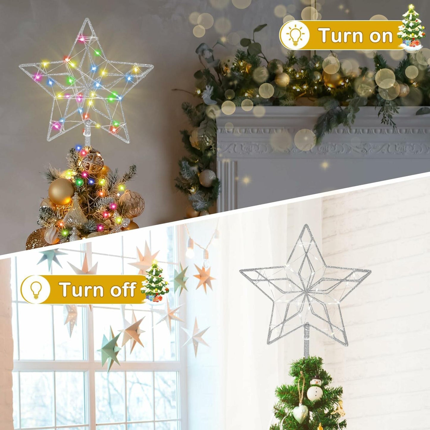 Christmas Tree Topper 50 LED Lighted Silver Star Remote Control 8 Modes