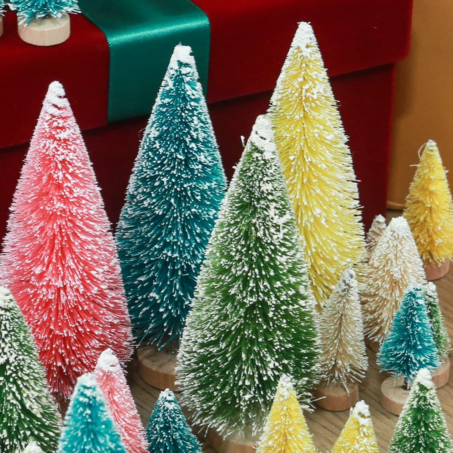 DomeStar 45PCS Mini Christmas Sisal Trees Colorful Frosted with Wood Base