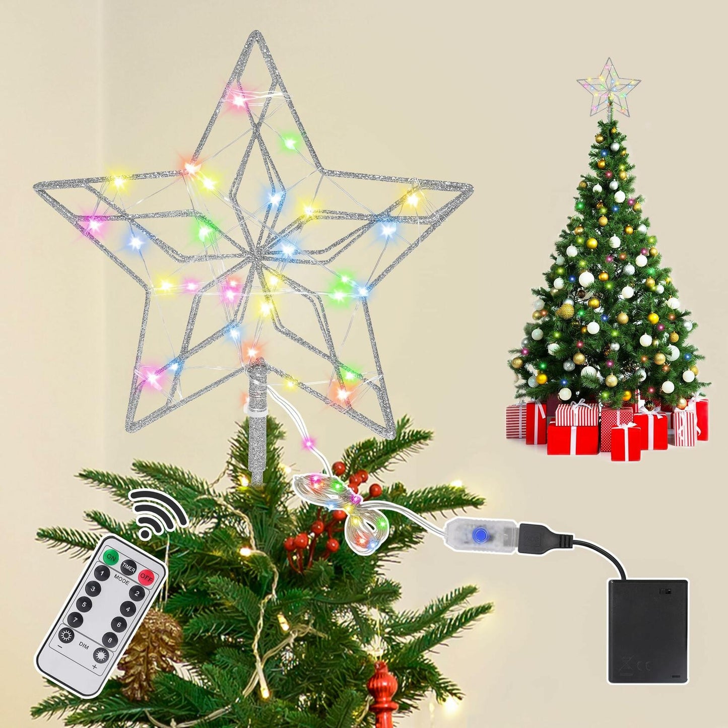 Christmas Tree Topper 50 LED Lighted Silver Star Remote Control 8 Modes