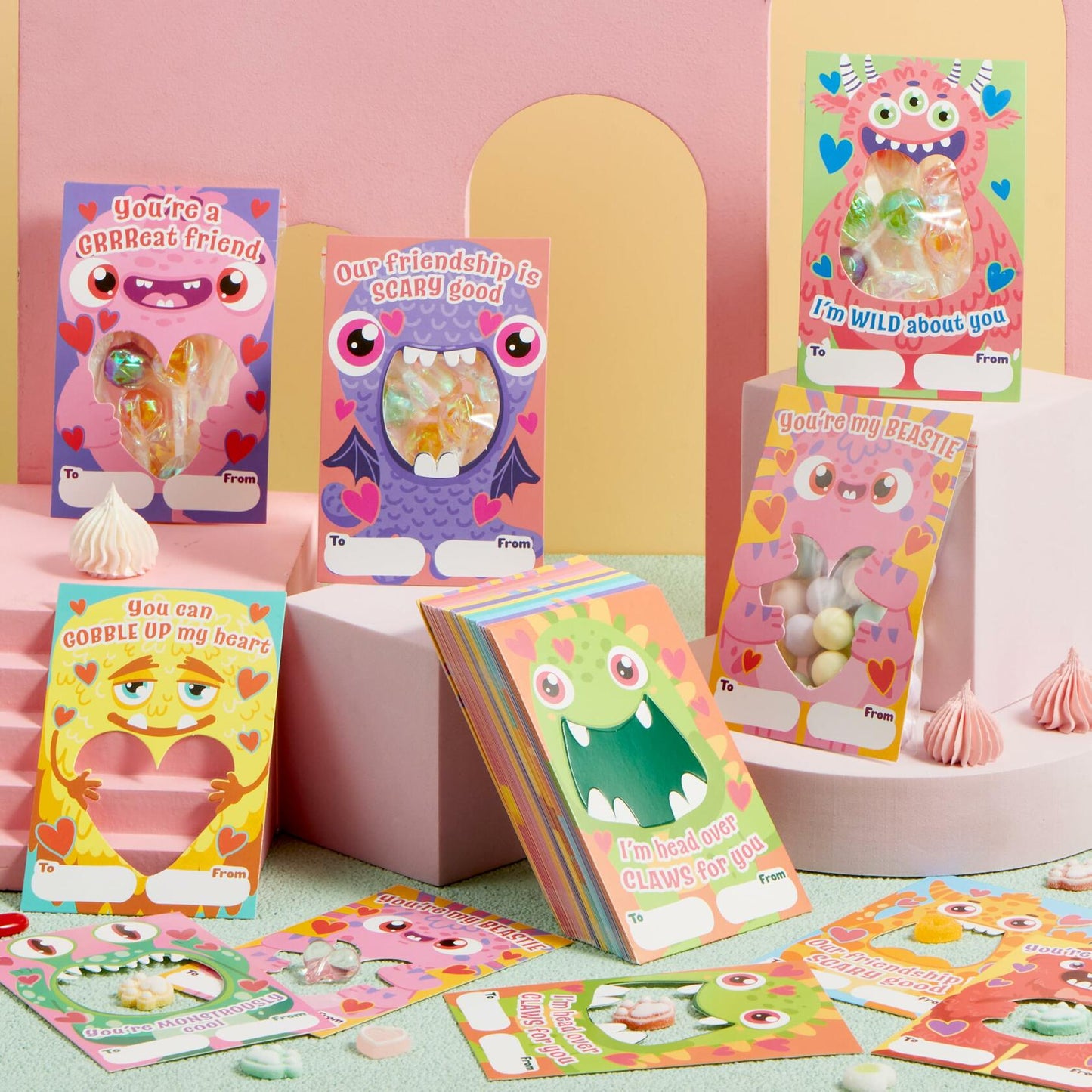 JOYIN 72 Pcs Valentines Monster Gift Cards with Bags Candy Holder Cards