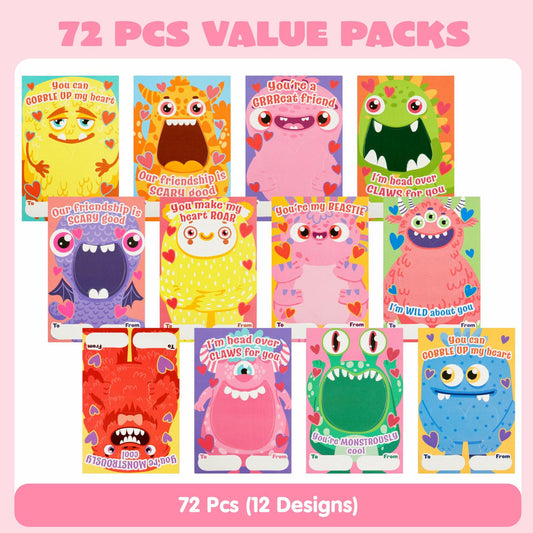JOYIN 72 Pcs Valentines Monster Gift Cards with Bags Candy Holder Cards