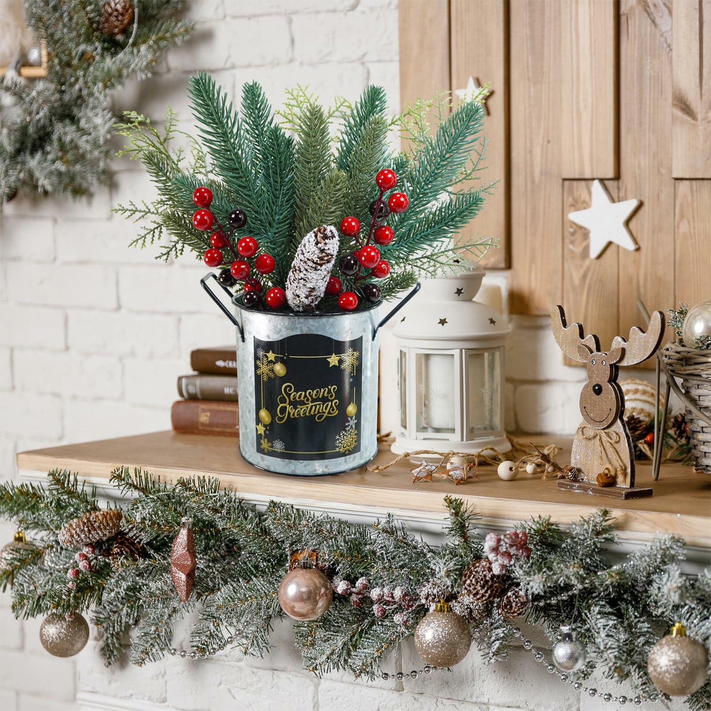 Winlyn Christmas Floral Arrangement Pinecone Red Berry Galvanized Pot 12.4"