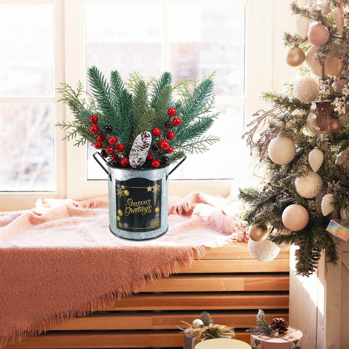 Winlyn Christmas Floral Arrangement Pinecone Red Berry Galvanized Pot 12.4"
