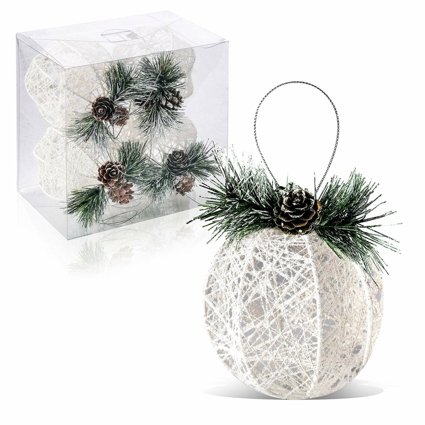 Christmas Ball Ornaments 4pc Set White Pinecone Rattan Thread String 4.7"