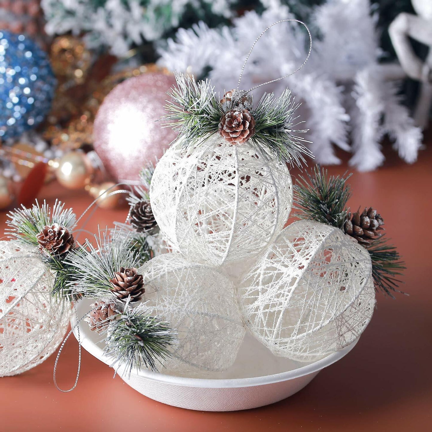 Christmas Ball Ornaments 4pc Set White Pinecone Rattan Thread String 4.7"