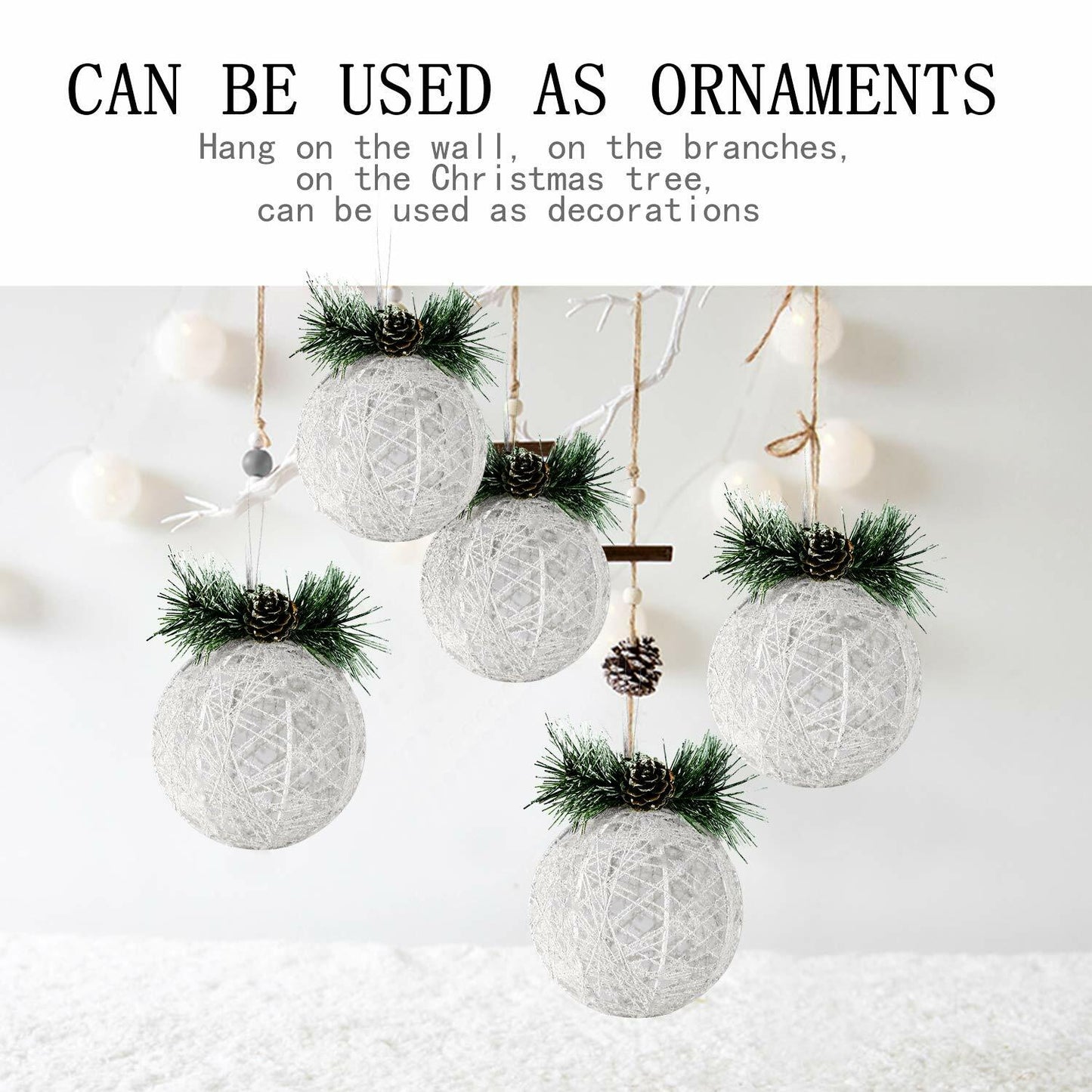 Christmas Ball Ornaments 4pc Set White Pinecone Rattan Thread String 4.7"
