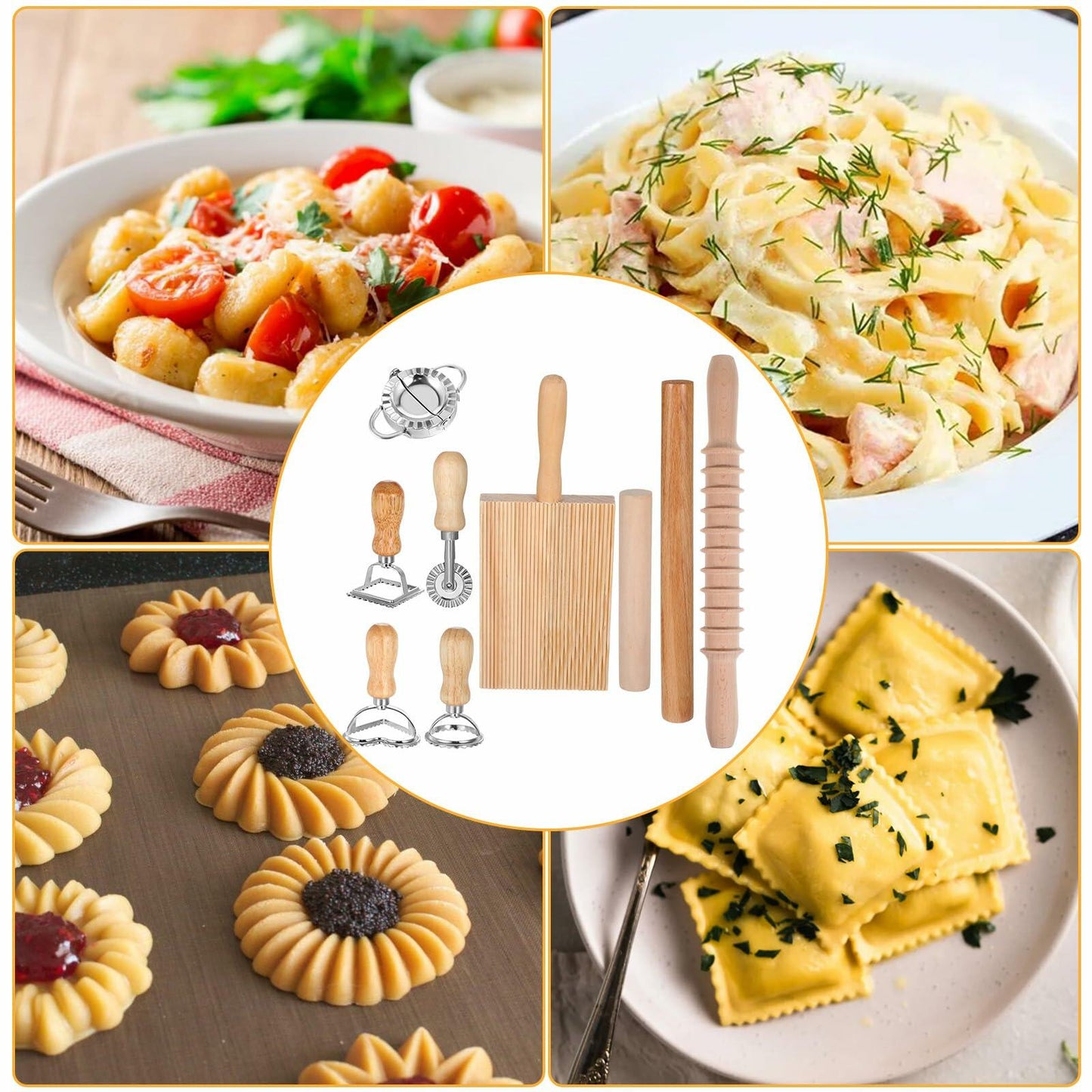 PEOVLVN 9 Pcs Pasta Making Kit Gnocchi Board Roller Cutter Dumpling Maker