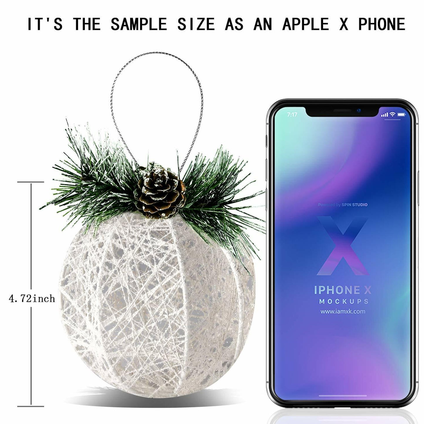 Christmas Ball Ornaments 4pc Set White Pinecone Rattan Thread String 4.7"