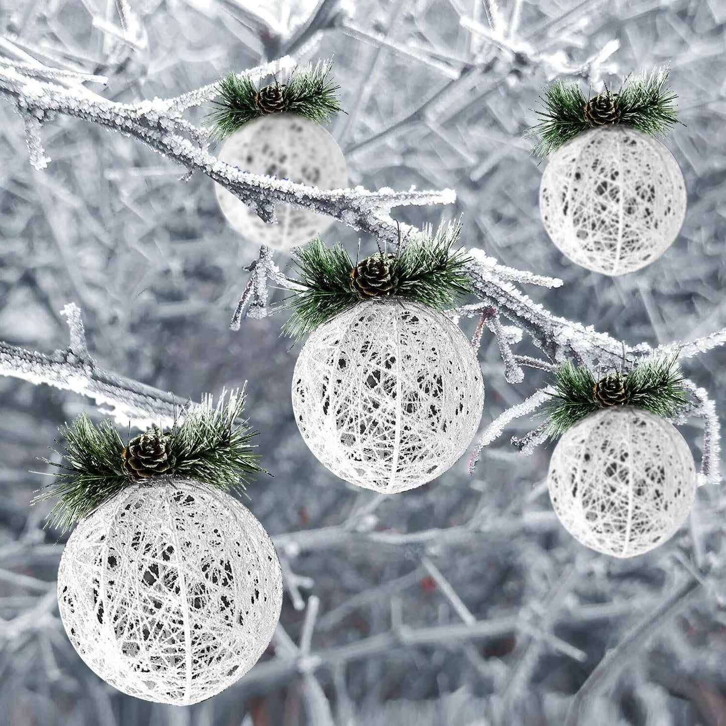 Christmas Ball Ornaments 4pc Set White Pinecone Rattan Thread String 4.7"