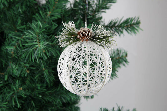 Christmas Ball Ornaments 4pc Set White Pinecone Rattan Thread String 4.7"